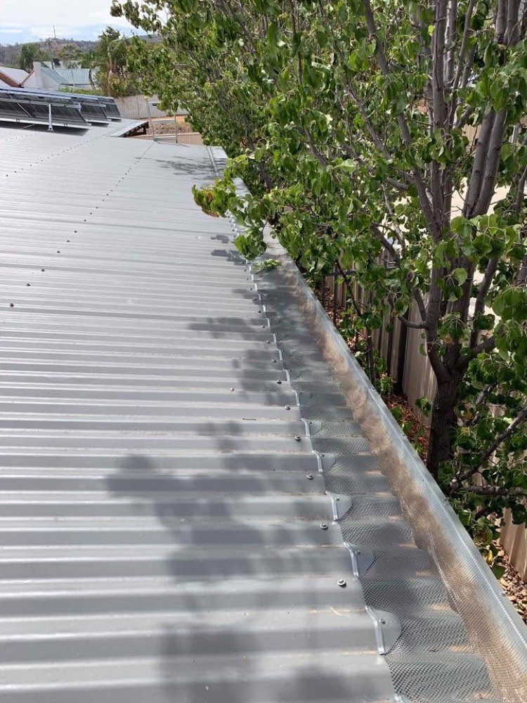 A long run of new gutter along a steel roof edge under gum trees